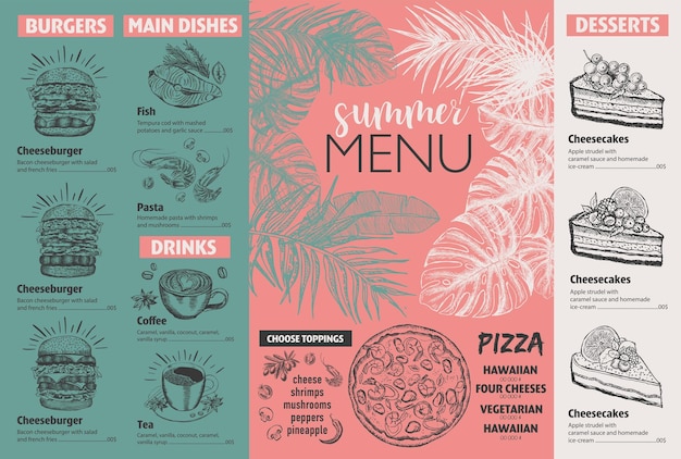 Sommermenü Design der Restaurant-Speisekarte Handgezeichnete Illustrationen Vektor-Speiseflyer