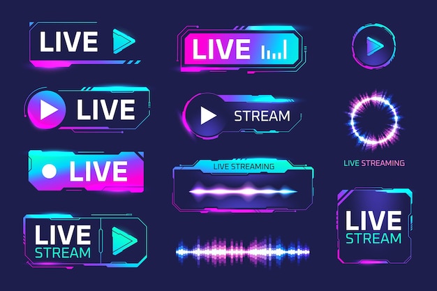 Vektor spielaufzeichnungstasten gaming air live-online-radio-stream gamer twitch-broadcast-ausrüstung streamer zukunftstechnologie neon-bildschirm-overlay-panels medien zeigen vektorillustration von air-online-videos