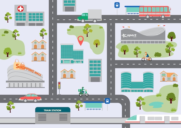 Stadtplan mit Infrastrukturgebäuden und Häusern entlang der Straßenvektorillustration