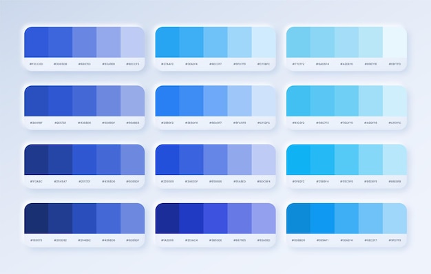 Stellen Sie die blaue Pantone-Farbpalette in rgb hex ein Blauer Farbkatalog Farbpalette im neumorphen Stil für ui