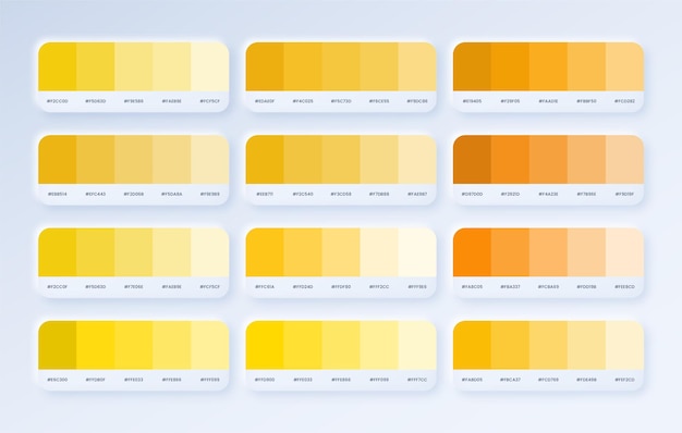 Stellen Sie die gelbe und orangefarbene Pantone-Farbpalette in rgb hex ein Gelber Farbkatalog neumorphe Stilfarbe