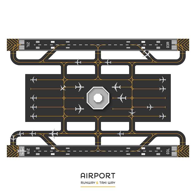 Vektor top-ansicht der start- und landebahn des flughafens mit vektorillustration des flugzeugs