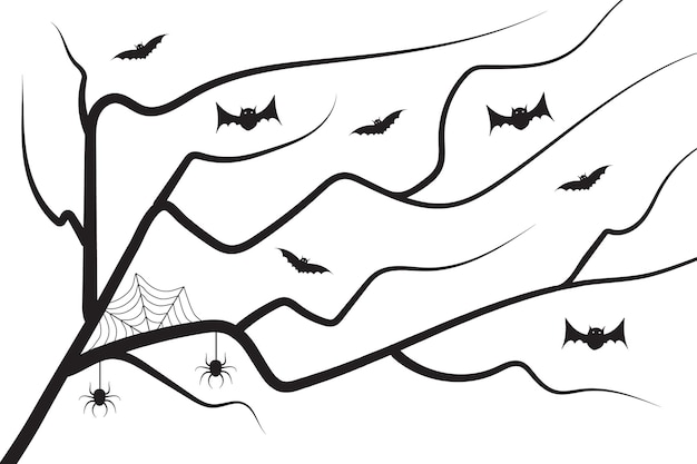 Vektor trockener halloween-baum mit gestreckter fledermaus hängt am spinnennetz schwarz-weiß isolierter hintergrund