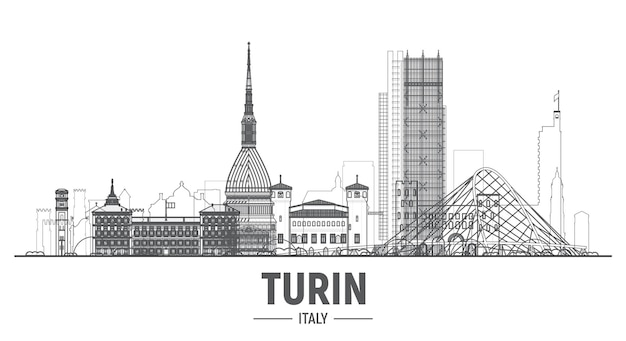 Turin Italien Skyline Linie Skyline auf weißem Vektor Illustration Geschäftsreise- und Tourismuskonzept mit modernen Gebäuden Bild für Banner oder Website