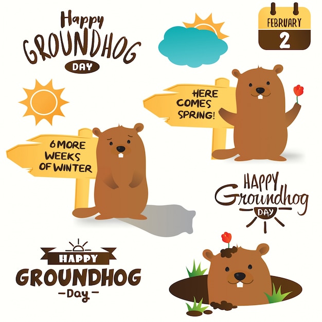 Typisches Design des glücklichen groundhog Tages. Satz Murmeltierkarikaturillustrationen