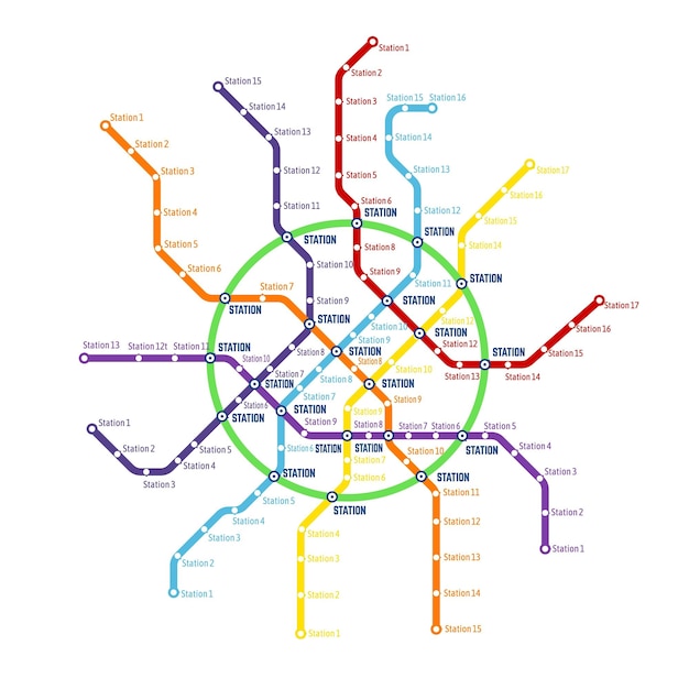 U-Bahn-U-Bahn-Transportsystem Vektorkarte Eisenbahnlinienplan mit U-Bahn-Stationen buntes Netz von Zugstrecken und U-Bahn-Tunneln U-Bahn-Stadtplan oder Diagrammvorlage