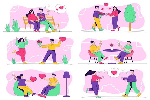 Valentinstag-Konzept isolierte Personensituationen. Sammlung von Szenen mit Menschen, die ihre Liebe gestehen, Geschenke und Herzen schenken, Paare bei romantischen Verabredungen. Mega-Set. Vektorillustration im flachen Design