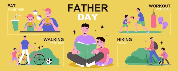 Vater-Sohn-Infografik mit Essen zusammen Wandern Wandern und Training mit Papa Beschreibungen Vektor-Illustration