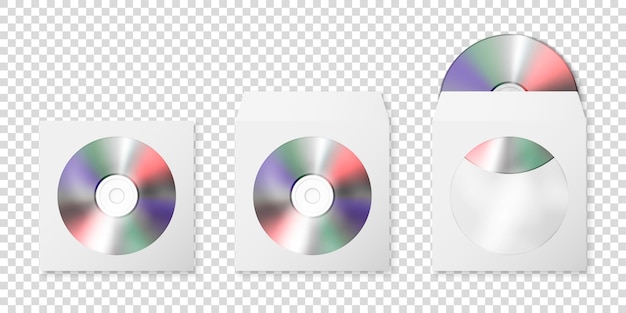 Vektor vektor 3d realistische leere cd dvd und papier geschlossener und geöffneter umschlag mit kunststoff-fensterabdeckung set isoliert auf weißem hintergrund vordere draufsicht designvorlage der verpackung für mockup