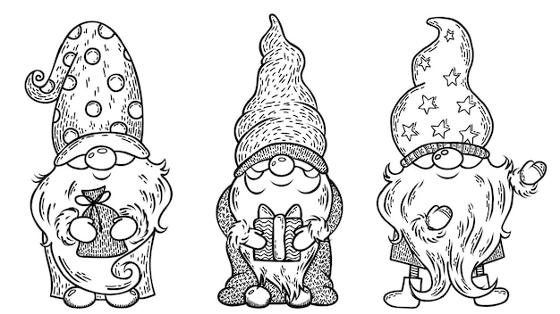 Vektor Weihnachtszwerge Cartoons Cute Little Christmas Gnome Collection Neujahrszwerge mit Geschenken in Hüten