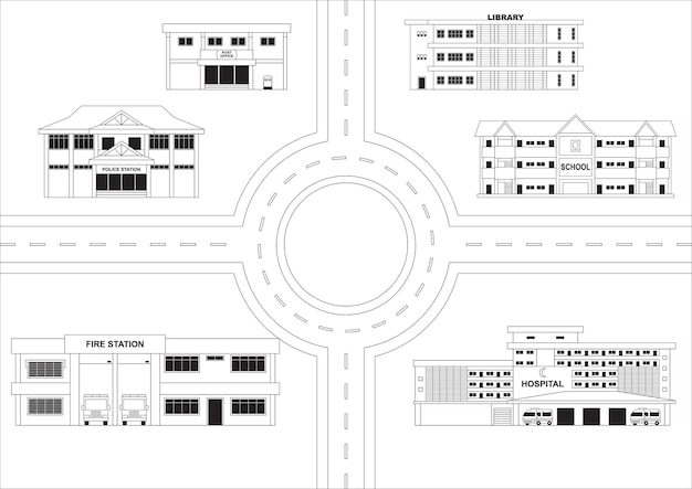 Vektor verkehrsstraßenkarte mit schwarzen und weißen umrissen von flachen gebäuden