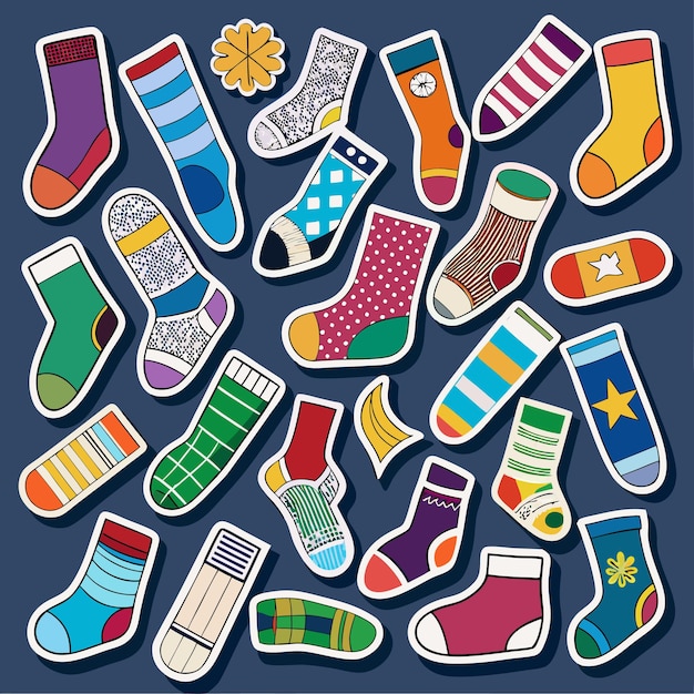 Vektor vibrant sock sticker collection 24 einzigartige und farbenfrohe sockendesigns zum handwerk und zur dekoration