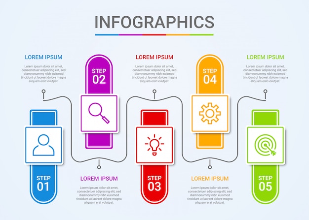 Visualisierung von Geschäftsdaten, Infografik-Vorlage mit 5 Schritten auf Blau