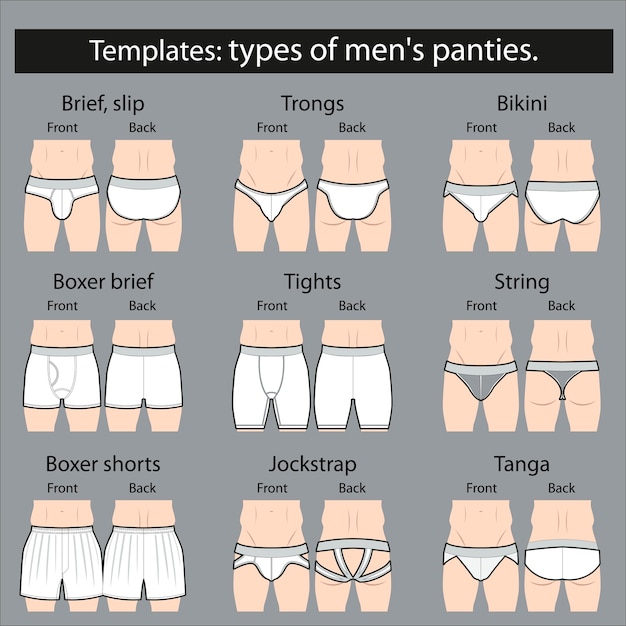 Vektor vorlagen: arten von herrenunterhosen. attrappe, lehrmodell, simulation.