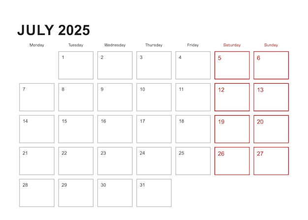 Vektor wallplanner für juli 2025 in der englischen sprachwoche beginnt am montag