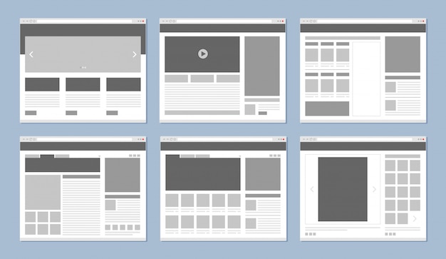 Website-Layout. Webseitenvorlage Internetbrowserfenster mit Bannern und UI-Elementikonenvektor