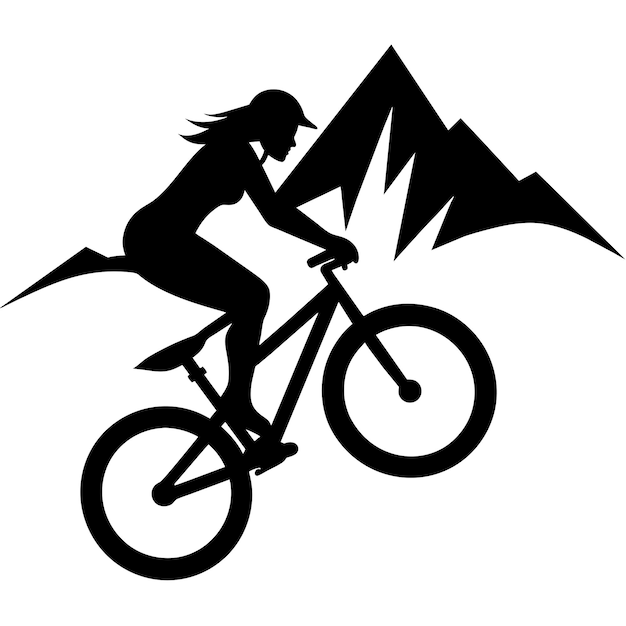 Weibliche Mountainbikerin fährt den Berg mit Stunting-Vektor-Silhouette 6