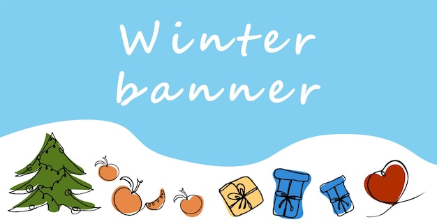 Vektor winter-web-banner blau und weiß mit schneeverwehungen und platz für text vektor-illustration farbige doodle-elemente von weihnachtsbaum-geschenk-mandarine und herz