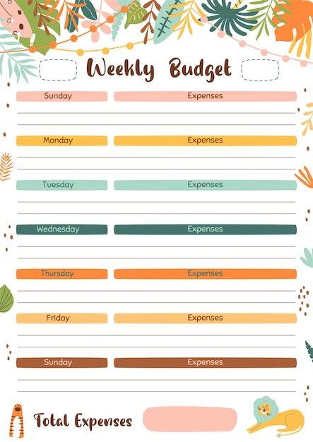 Vektor wöchentliche budgetplaner-vorlage zum ausdrucken. wochenplan druckbares design für heimbudget-arbeitsblatt im a4-format. vektorillustration. heller tropischer dschungelrahmen, niedlicher löwe