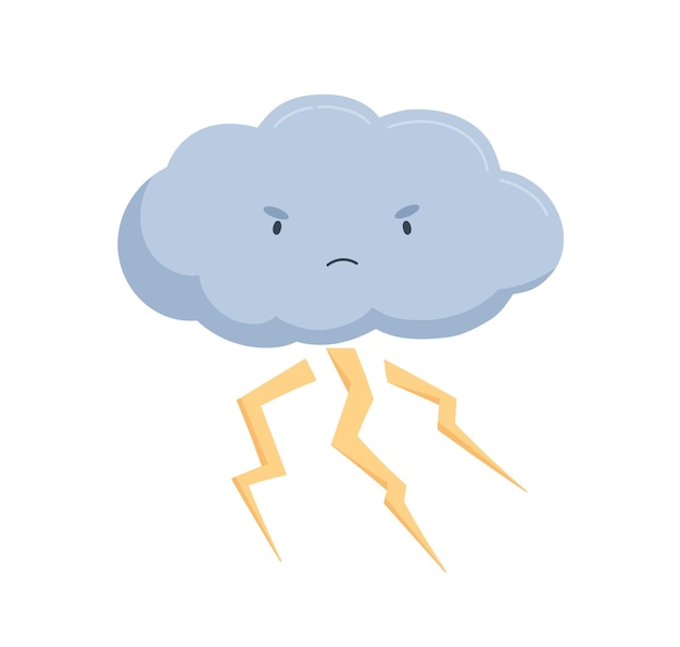 Wütende und stirnrunzelnde Wolke mit Blitzeinschlägen oder Blitzen. Nette Gewitterwetterikone mit lustigem kindischem Charakter. Farbige flache Vektorillustration lokalisiert auf weißem Hintergrund.