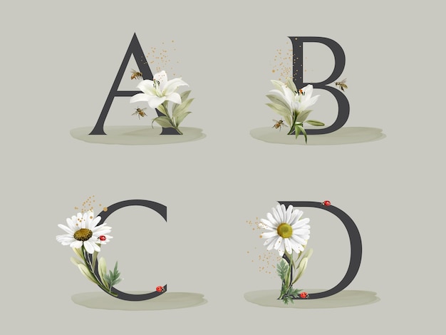 wunderschönes florales alphabet mit handgezeichneten blumen und blättern