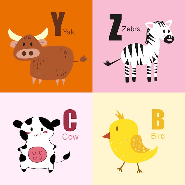 Y, Z, C, B Tiere Alphabet Illustrationssammlung.