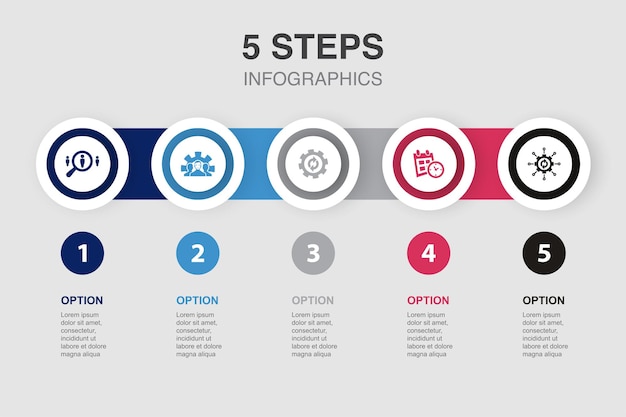 Zielsetzung, Motivation, Vision, Strategie, Erfolgssymbole, Infografik-Designvorlage, kreatives Konzept mit 5 Schritten