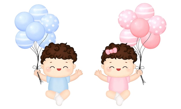 Vektor zwei babys mit ballons im hintergrund