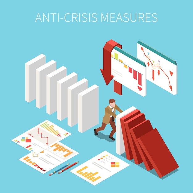 Vetor grátis a anticrise mede o conceito isométrico com o empresário tentando gerenciar a ilustração do vetor de problemas de negócios