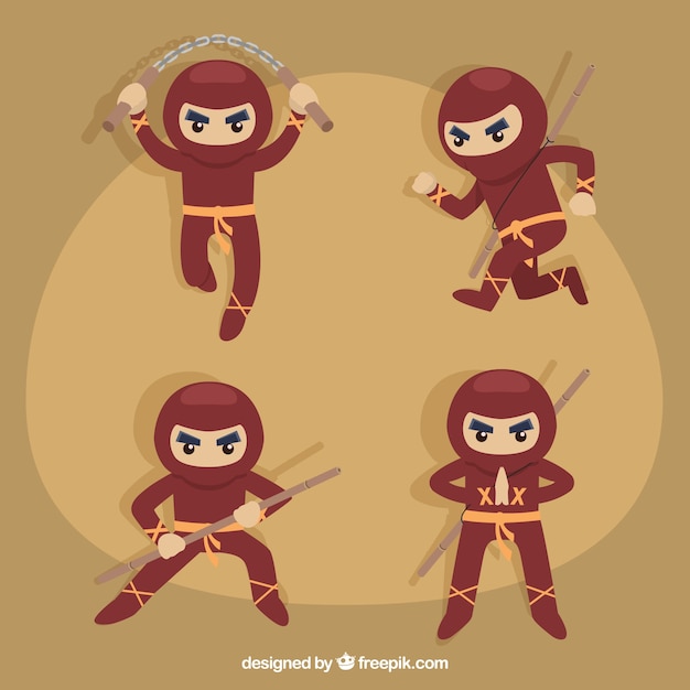 Vetor grátis adorável coleção de personagens ninja com design plano