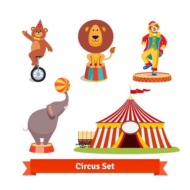 Animais de circo, urso, leão, elefante, palhaço