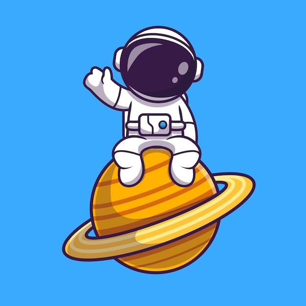 Astronauta sentado no planeta e acenando a mão dos desenhos animados ícone ilustração vetorial. Conceito de ícone de tecnologia de ciência vetor Premium isolado. Estilo Flat Cartoon