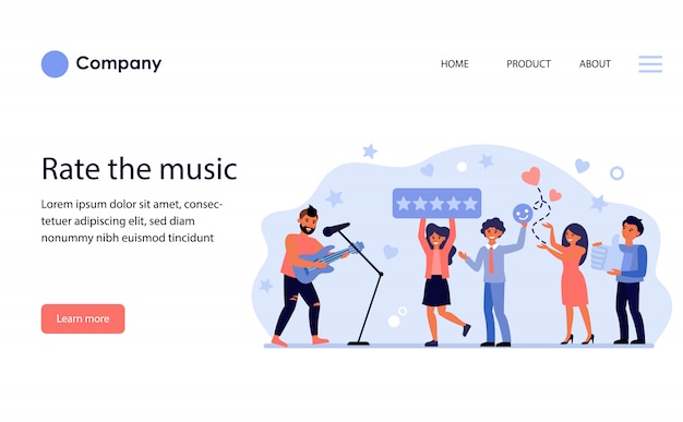 Vetor grátis audiência cantor de rock em concerto. layout de modelo de site