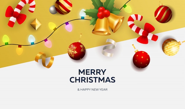 Vetor grátis banner de feliz natal com decoração em chão branco e amarelo