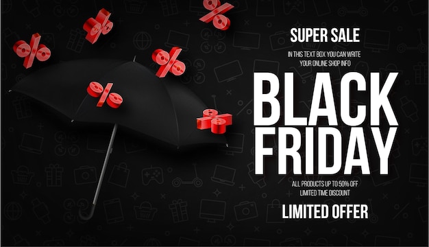 Banner horizontal de super venda de Black Friday com fundo de quadrados comerciais em 3D