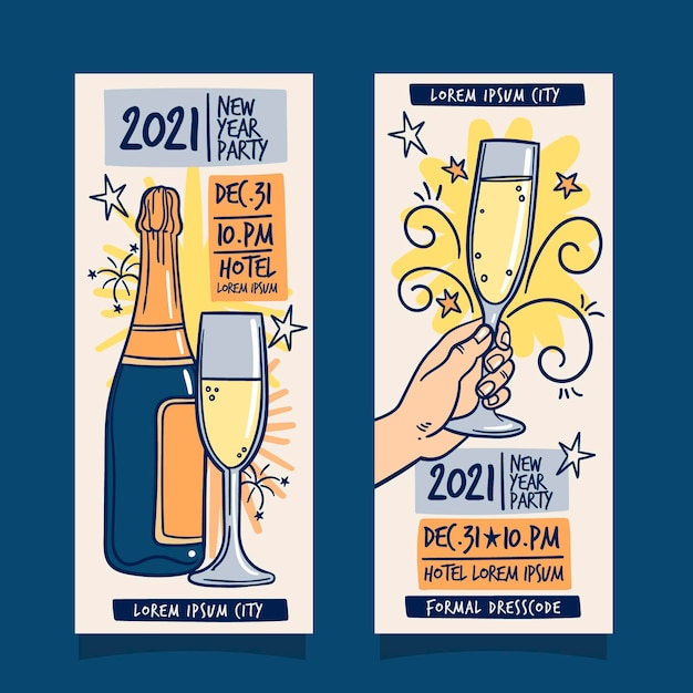 Vetor grátis banners desenhados à mão para a festa de ano novo de 2021