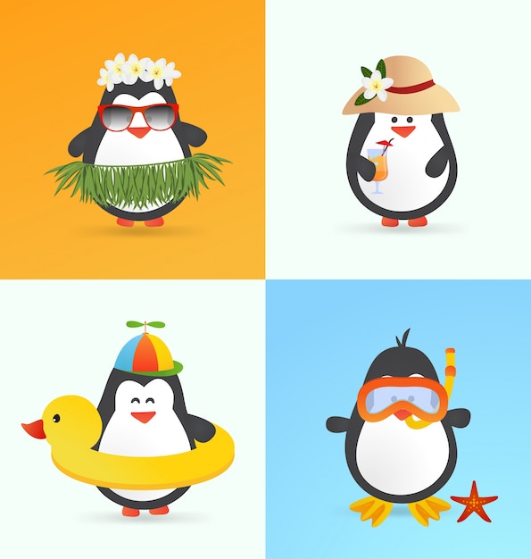 Vetor grátis bonitos personagens de pinguins de verão