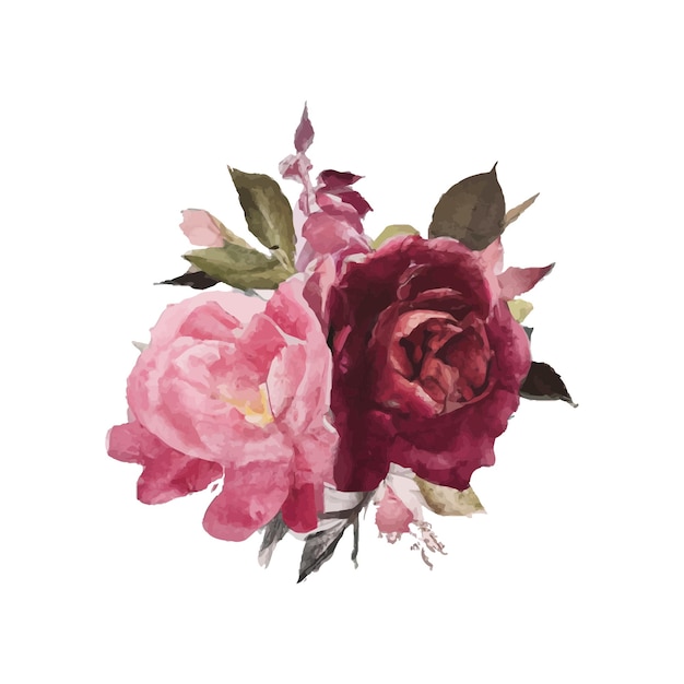 Buquês de moldura floral aquarela de rosas e design de folhas