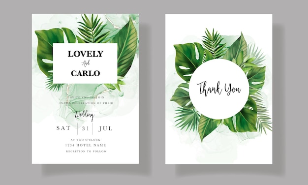 Cartão de convite de casamento elegante com aquarela de folhas verdes tropicais