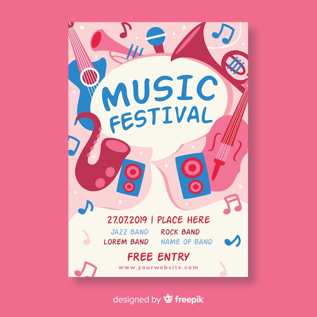 Vetor grátis cartaz de festival de música de instrumentos de mão desenhada