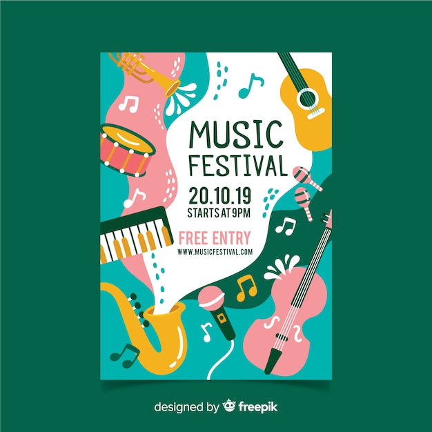 Vetor grátis cartaz de festival de música de instrumentos e ondas