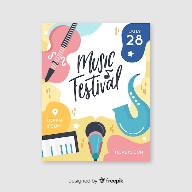 Vetor grátis cartaz de festival de música desenhada de mão