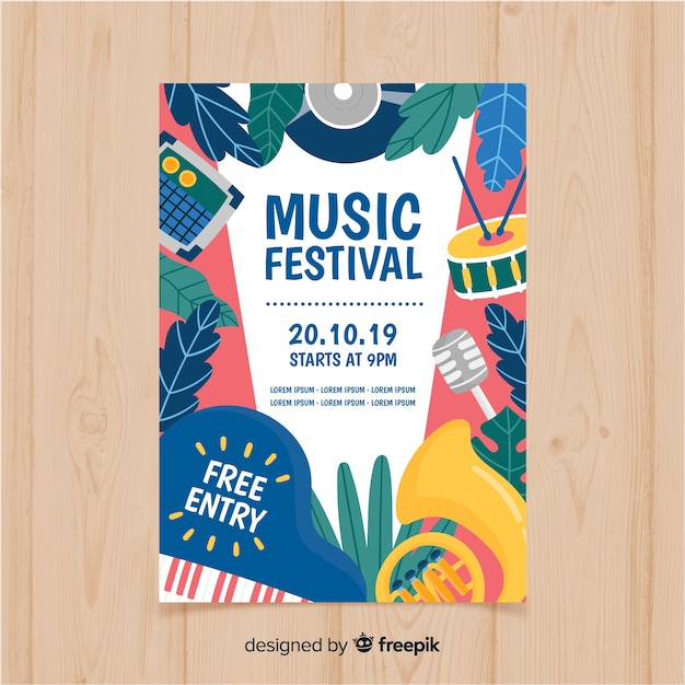 Vetor grátis cartaz de festival de música desenhada de mão