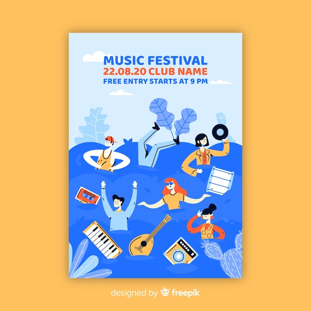 Vetor grátis cartaz de festival de música desenhada de mão