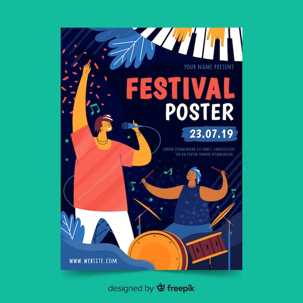 Vetor grátis cartaz de festival de música desenhada de mão