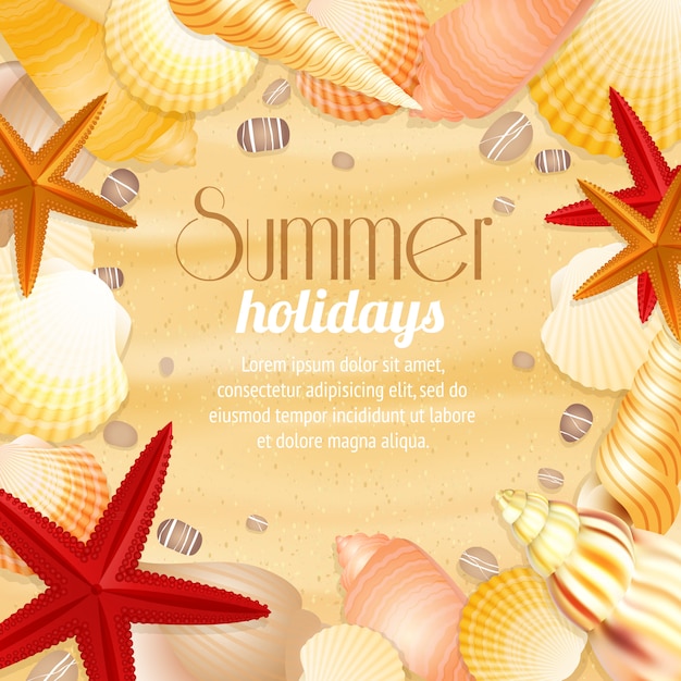 Vetor grátis cartaz de fundo de viagens férias férias de verão com conchas de areia de praia e estrelas do mar