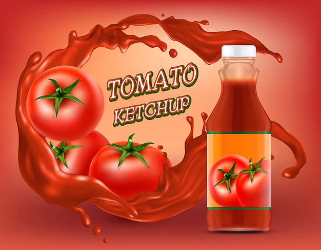 Vetor grátis cartaz de ketchup em garrafa de plástico ou vidro com salpicos de tomate picado