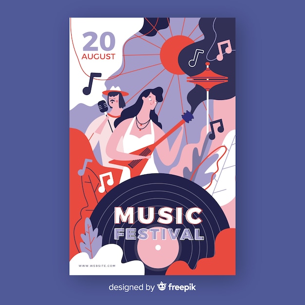 Vetor grátis cartaz do festival de música desenhados à mão com registro