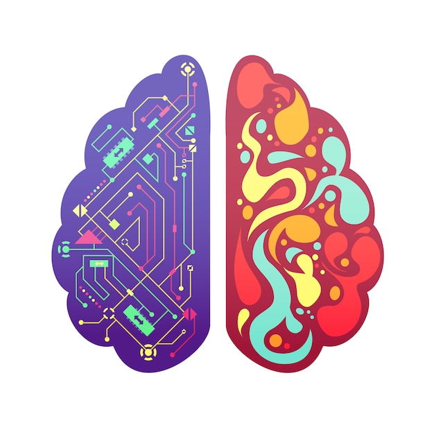 Cérebro cerebral humano esquerdo e direito hemisférios figura colorida simbólica pictórica com fluxograma e atividade zonas ilustração vetorial