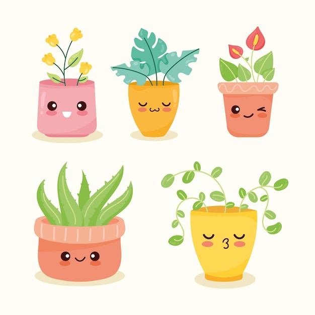 Cinco ícones de plantas kawaii